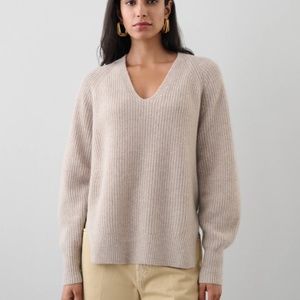 White + Warren Cashmere Ribbed Blouson Sleeve V Neck